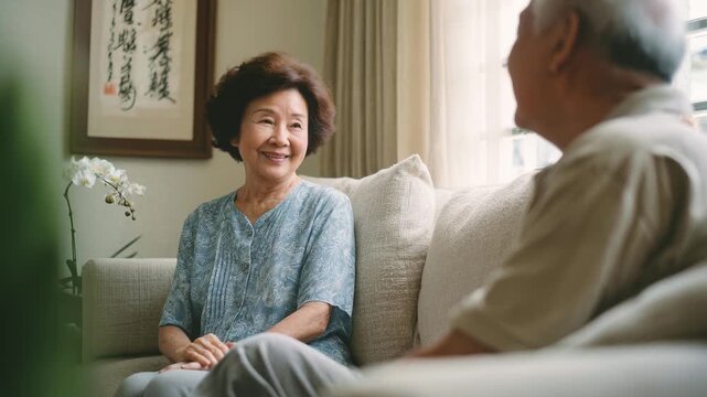 Asian elderly couple conversing on sofa. Thoughtful senior woman listens intently. Cozy living room setting. Peaceful retirement lifestyle, family connection. Warm indoor moment.