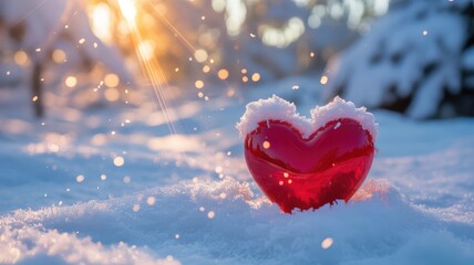 Snowy red heart glistens in winter wonderland scene