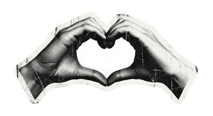 Hands making a heart shape in a vintage halftone sticker art style. © HRIDOY