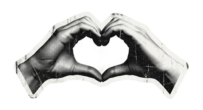 Hands making a heart shape in a vintage halftone sticker art style.
