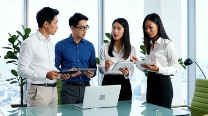 Three business colleagues collaborating with digital devices in modern office setting with city view - Powered by Adobe