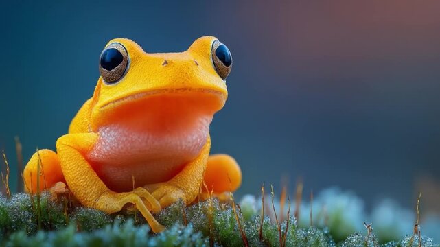 Close up of a vibrant yellow frog sitting on green moss