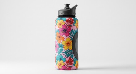 鮮やかなハイビスカスの花柄が目を引く再利用可能なウォーターボトル ソフトな光が当たる清潔なスタジオ背景で夏の喜びを表現. AI Generated