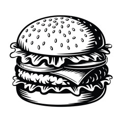 a black and white drawing of a hamburger with lettuce
