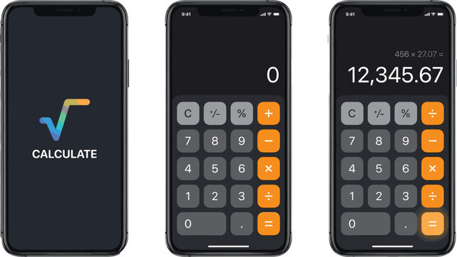 Calculator app UI screens on smartphones showing splash, active interface, and completed calculation for mobile design presentation.