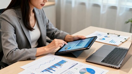 Businesswoman analyzing data on tablet