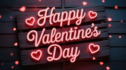 Happy Valentine's Day neon sign on wooden background with hearts