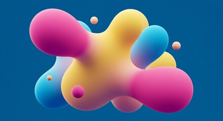 鮮やかで柔らかな色調の滑らかな流体が絶妙に絡み合い浮遊する3D抽象的なアートワーク静かな青い背景で柔らかい光が奥行きと美しさを繊細に引き立てる. AI Generated