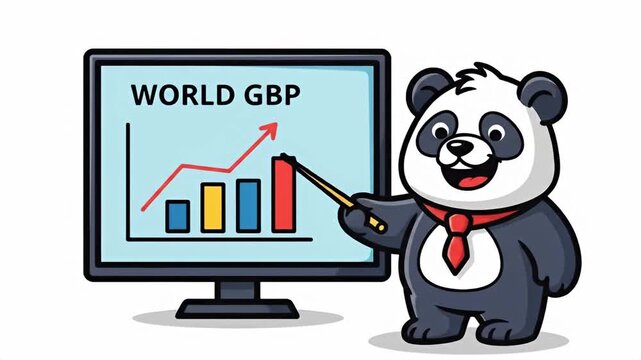 Panda Presenting World GDP Growth on Monitor Cartoon Illustration.