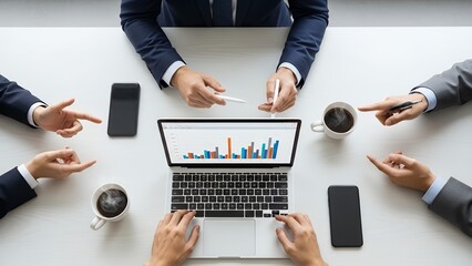 Business professionals hands collaborating over minimal desk setup, clean modern aesthetic