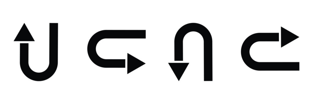 Black return arrow icon, simple go back sign vector u turn shape pointer flat design pictogram vector elements for app ads web banner button UI, UX interface elements. U turn arrow sign vector art. 