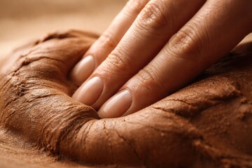 Human fingers pressing brown dough in close-up view on textured surface, representing baking process and food preparation concept