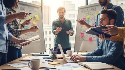 Creative team hands collaborating in open-space office, brainstorming product launch ideas