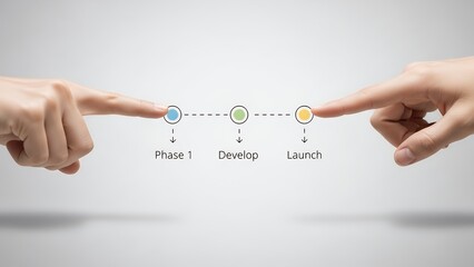 Clean minimal close-up of hands pointing at simple roadmap diagram, neutral background