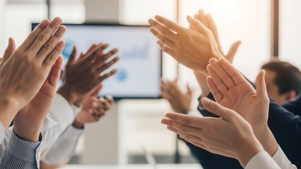 Hands clapping together in celebration after successful strategy meeting, positive teamwork energy