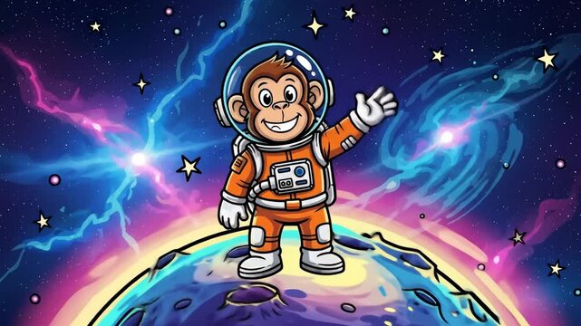 Monkey Astronaut Cartoon in Space Adventure.