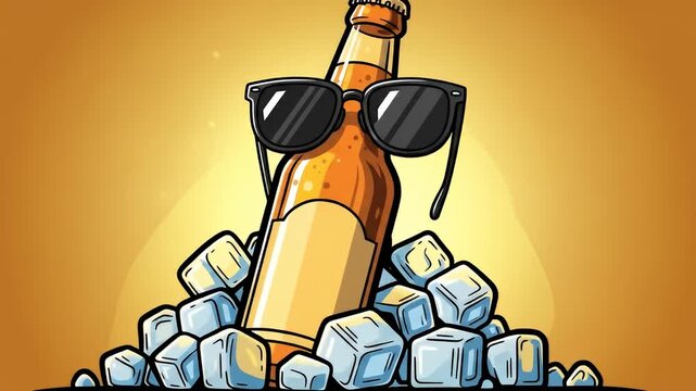 Cool Beer Bottle with Sunglasses in Ice Cubes Illustration.