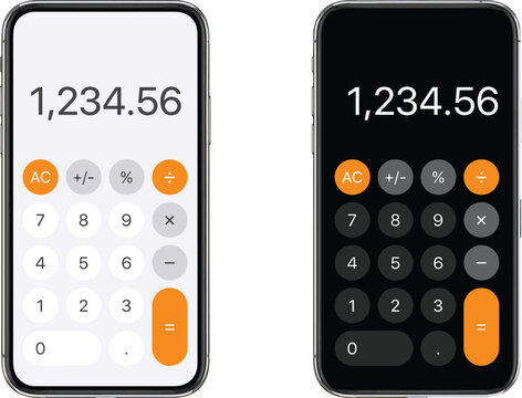 Smartphone calculator app interface comparison in dark and light themes with numeric display and functional buttons for mobile design.