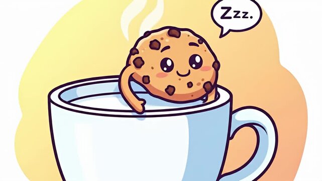 Cute Cookie Dipping in Milk Cartoon Illustration.