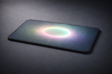 Realistic mouse pad on dark desk with soft glowing pastel light portal. Surreal silliness concept for creative technology marketing.