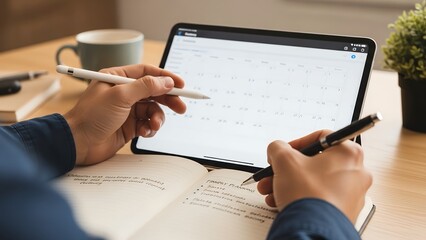 Hands holding pen and tablet together, hybrid digital and analog planning workflow