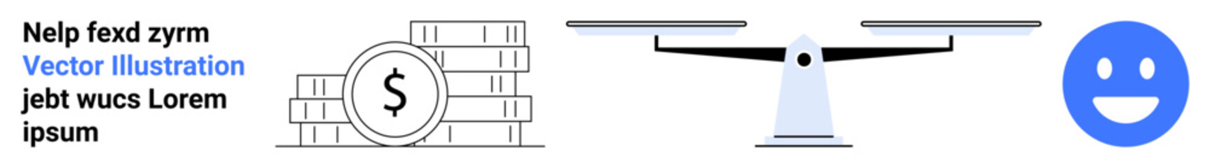 Fototapeta premium Financial literacy, decision-making, fairness, income disparity, happiness, conceptual design. Stacked coins, a scale and a smile icon. Financial literacy and decision-making concepts