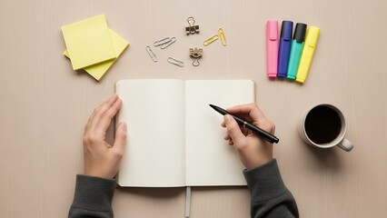 Minimal flat-lay of hands, notebook, and pen, planning and brainstorming theme