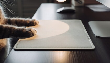 Playful lifestyle mouse pad scene with cat paw under spotlight. Warm minimal desk setup with surreal silliness mood.