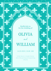 A stylish wedding invitation for newlyweds in a light turquoise color adds a touch of sophistication to the design.