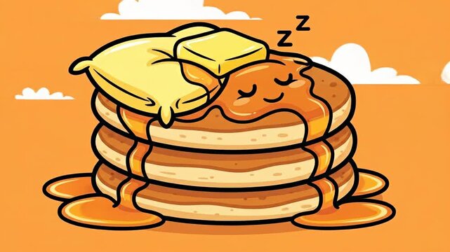 Cute Sleeping Pancakes with Butter and Syrup Illustration.