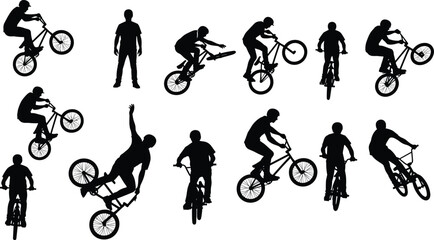 Obraz premium BMX rider silhouettes performing freestyle tricks and stunts, extreme cycling action poses isolated on white background vector illustration collection sport motion design