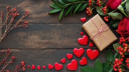 Romantic Valentine's Day gift setup with red hearts and roses on wooden table