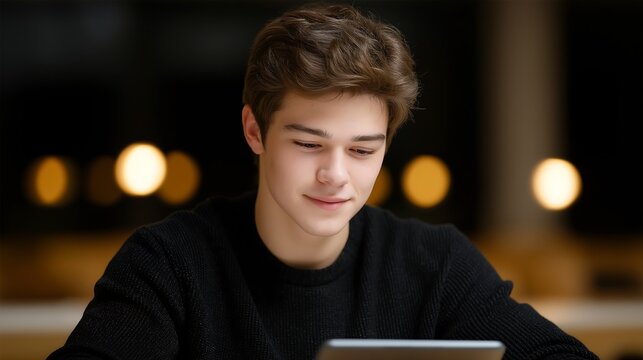 focused student studying with tablet at night, desk lamp glow, education stock photography
- Powered by Adobe
