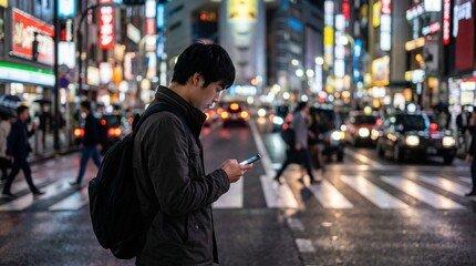 Obraz premium Person Using Smartphone on Tokyo Street at Night
