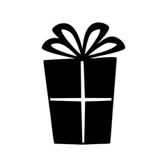 Stylized black and white drawing of a gift with a decorative bow