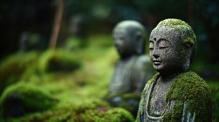 Obraz premium Serenity in Nature: Ancient Stone Buddha Sculptures Embraced by Lush Green Moss