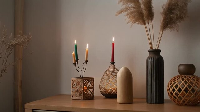 Festive Decor with Blended Cultural Elements. Multicultural & Inclusive Celebrations. Artistic photograph of a home interior corner featuring a tasteful blend of decorations from different holidays .
