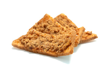 Crispy bread with shredded pork and chili paste topping on isolated white background.