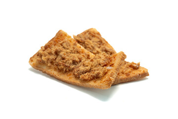 Crispy bread with shredded pork and chili paste topping on isolated white background.