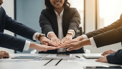 Professional agency meeting, hands forming circle gesture symbolizing unity, planning, and success