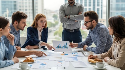 Team discussing marketing strategy, hands gesturing dynamically over printed charts and graphs