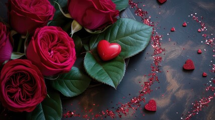 Romantic red roses and heart decorations on dark background