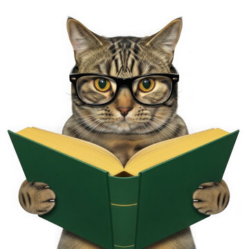 Tabby cat wearing glasses reading a book