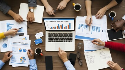 Top-down view of multicultural team hands over laptop and documents, discussing new business development strategy