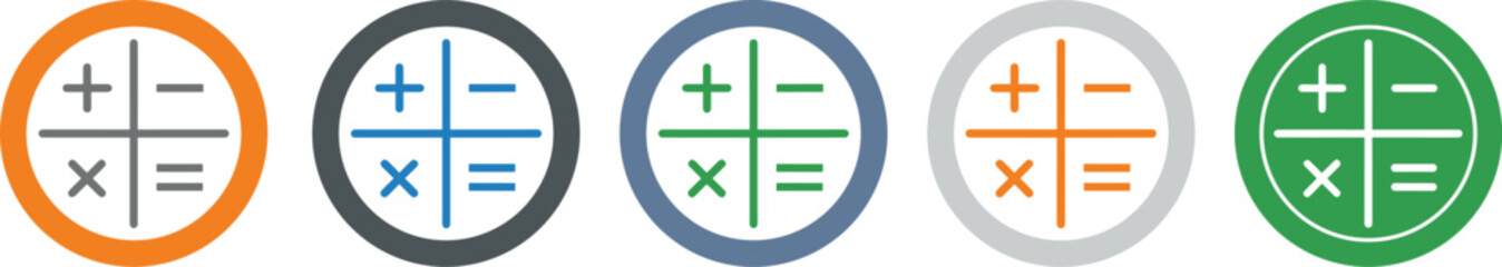 Obraz premium Colorful math symbol icons in circular layout featuring addition, subtraction, multiplication, and equals signs for educational visuals.
