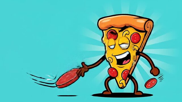 Pizza Slice Cartoon Character Throwing Pepperoni Slices.