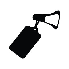 Black and white image of megaphone and tag on a white background