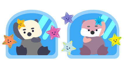 Naklejka premium 窓の中にいるラッコと星のかわいいキャラクターイラスト