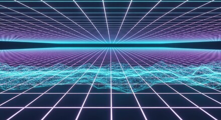 Vibrant neon grid with dynamic purple and blue lights in futuristic digital landscape