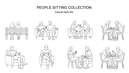 Urban People Sitting Line Art &ndash; Minimal Architectural Entourage CAD Blocks on White